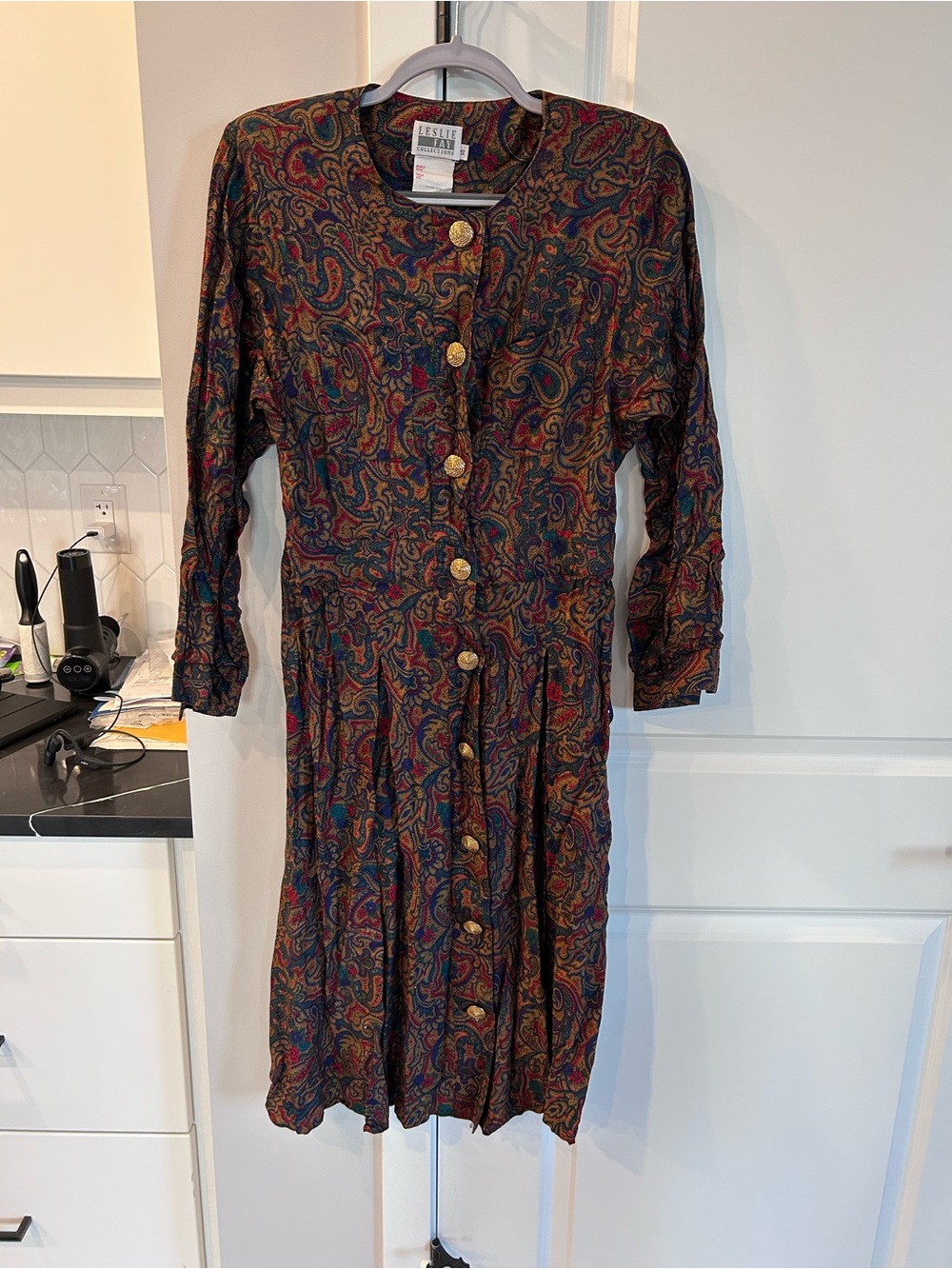 Vintage Leslie Fay Collections Paisley Button-Front Midi Dress Multicolor Long